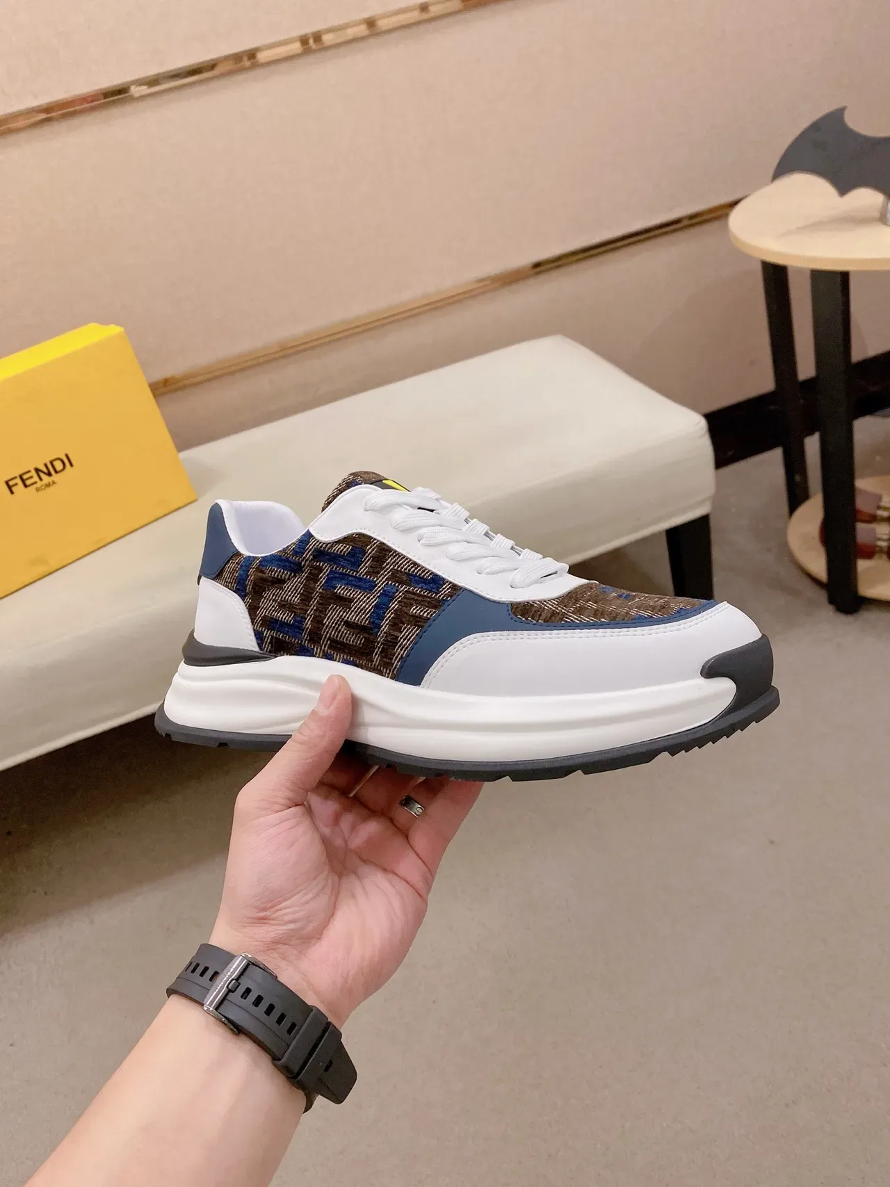 Fendi branco marinho FF Monogram jacquard superposições de couro superior Lifestyle Sneakers 4