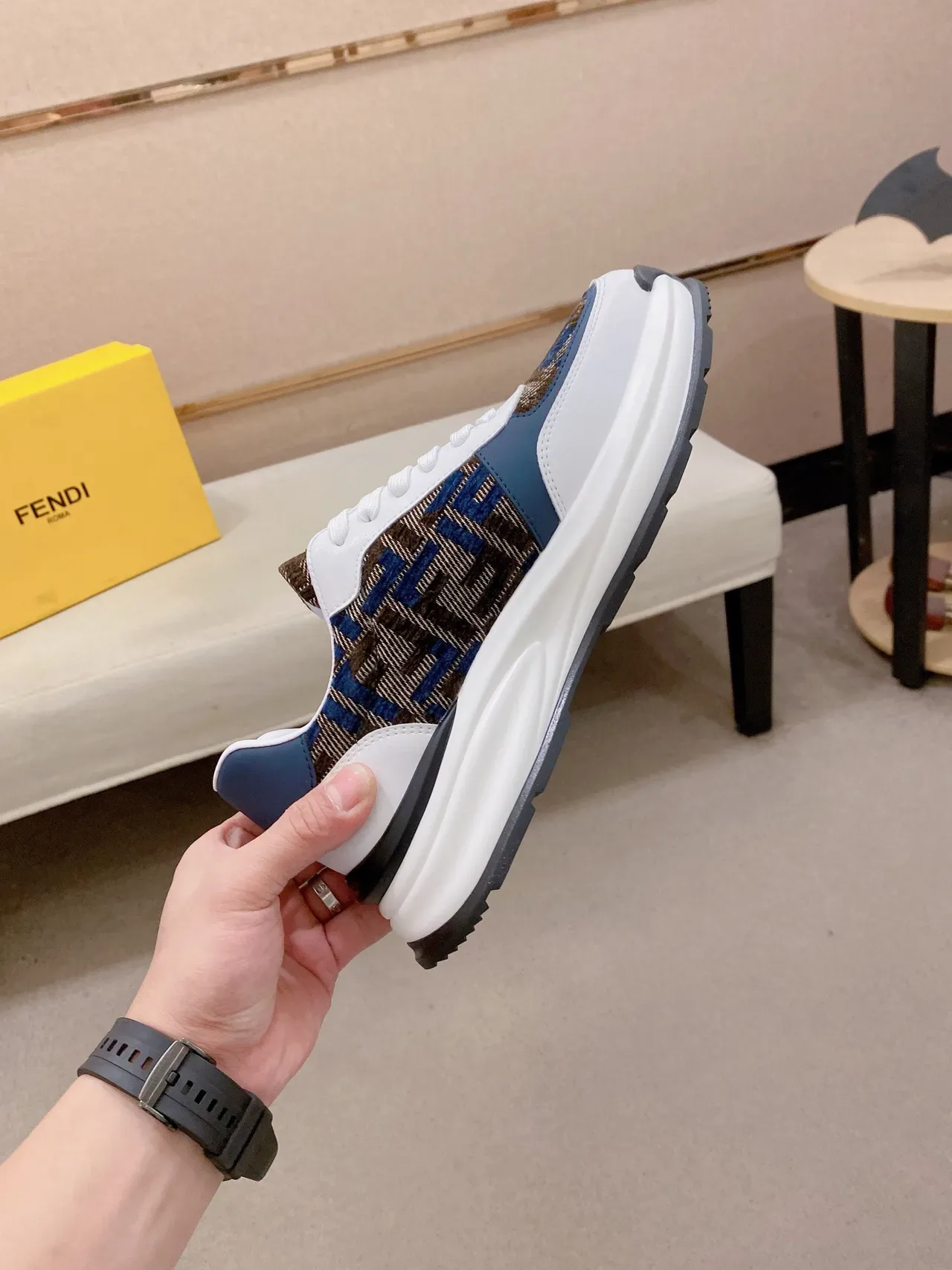 Fendi branco marinho FF Monogram jacquard superposições de couro superior Lifestyle Sneakers 5