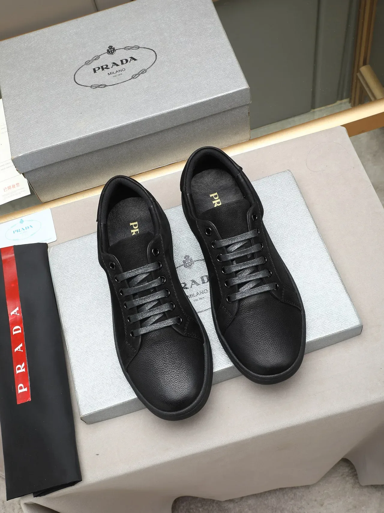 All-Black Textured Leather Low-Top Lifestyle Sneaker 2