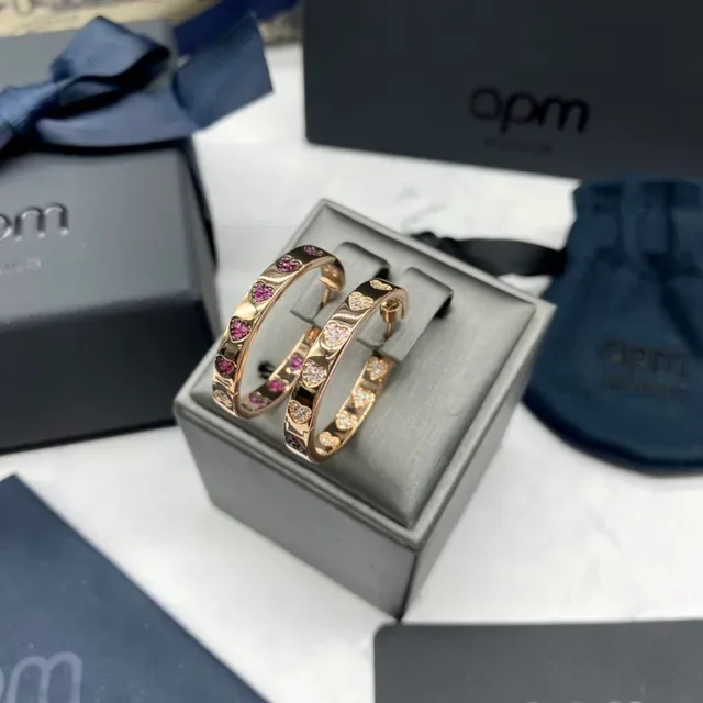 apm Monaco Gold Pink Rose Hoops Heart-Shaped Gem Accents Earrings 2