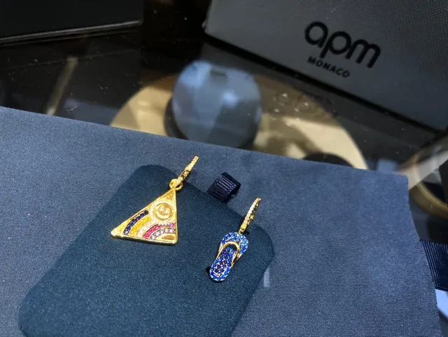 apm MONACO Gold-Tone Pave Flip-Flop and Smiley Triangle Earrings 5