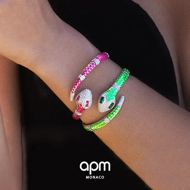 APM Monaco Pink Enamel Snake Motif Pavé Crystal Bracelet 2