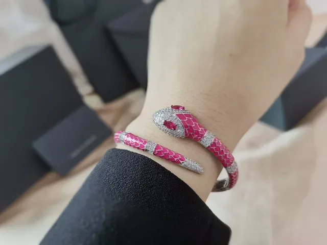 APM Monaco Pink Enamel Snake Motif Pavé Crystal Bracelet 3