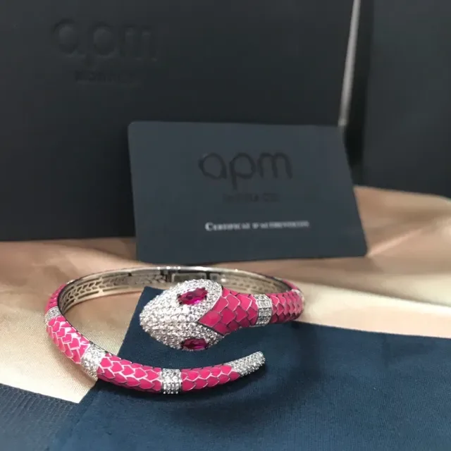 APM Monaco Pink Enamel Snake Motif Pavé Crystal Bracelet 4