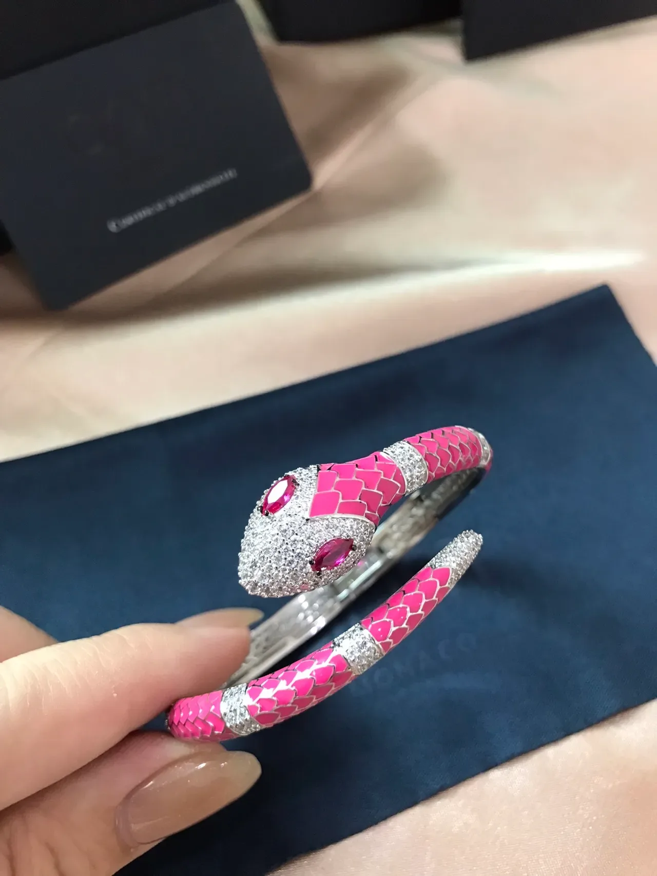 APM Monaco Pink Enamel Snake Motif Pavé Crystal Bracelet 6