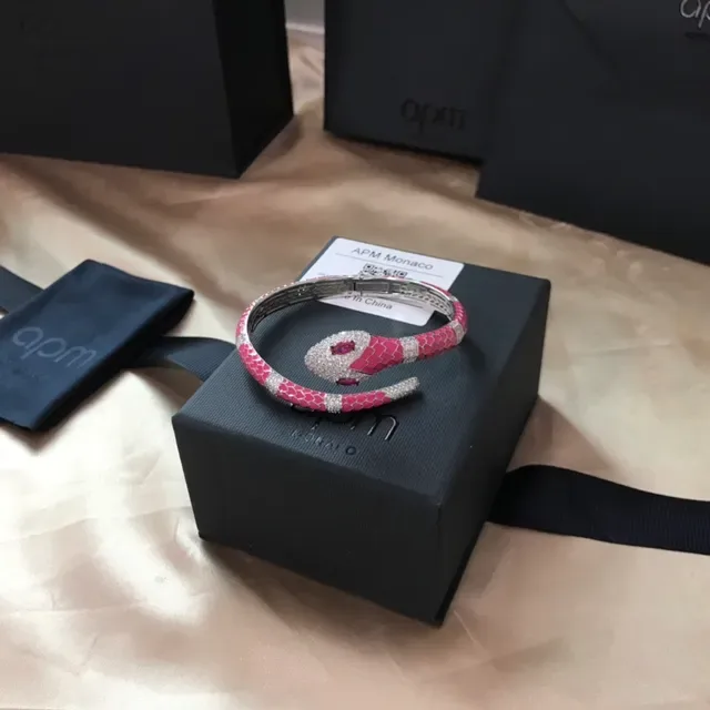 APM Monaco Pink Enamel Snake Motif Pavé Crystal Bracelet 7