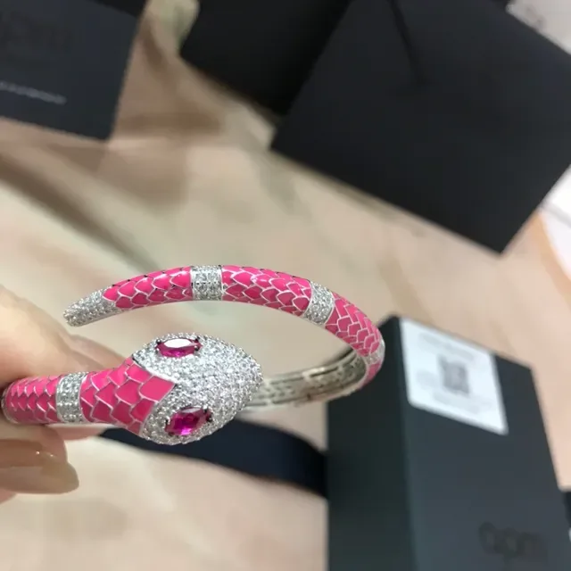 APM Monaco Pink Enamel Snake Motif Pavé Crystal Bracelet 8