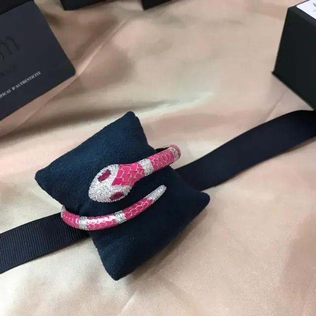 APM Monaco Pink Enamel Snake Motif Pavé Crystal Bracelet 9