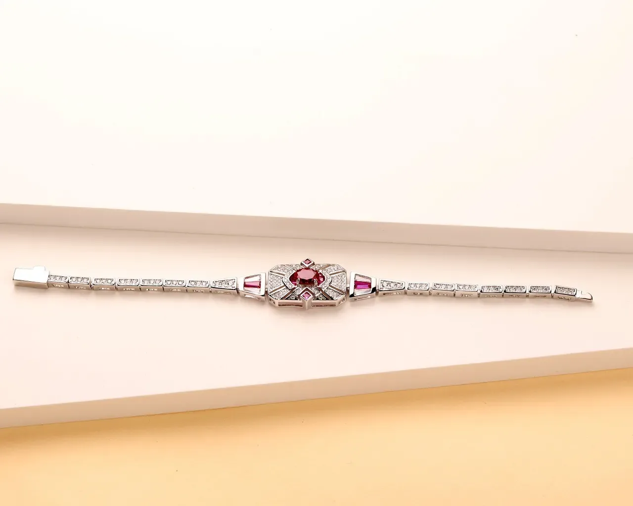 Art Deco Geometric Pavé Red Gemstone Two-Tone Bangle Bracelets 3