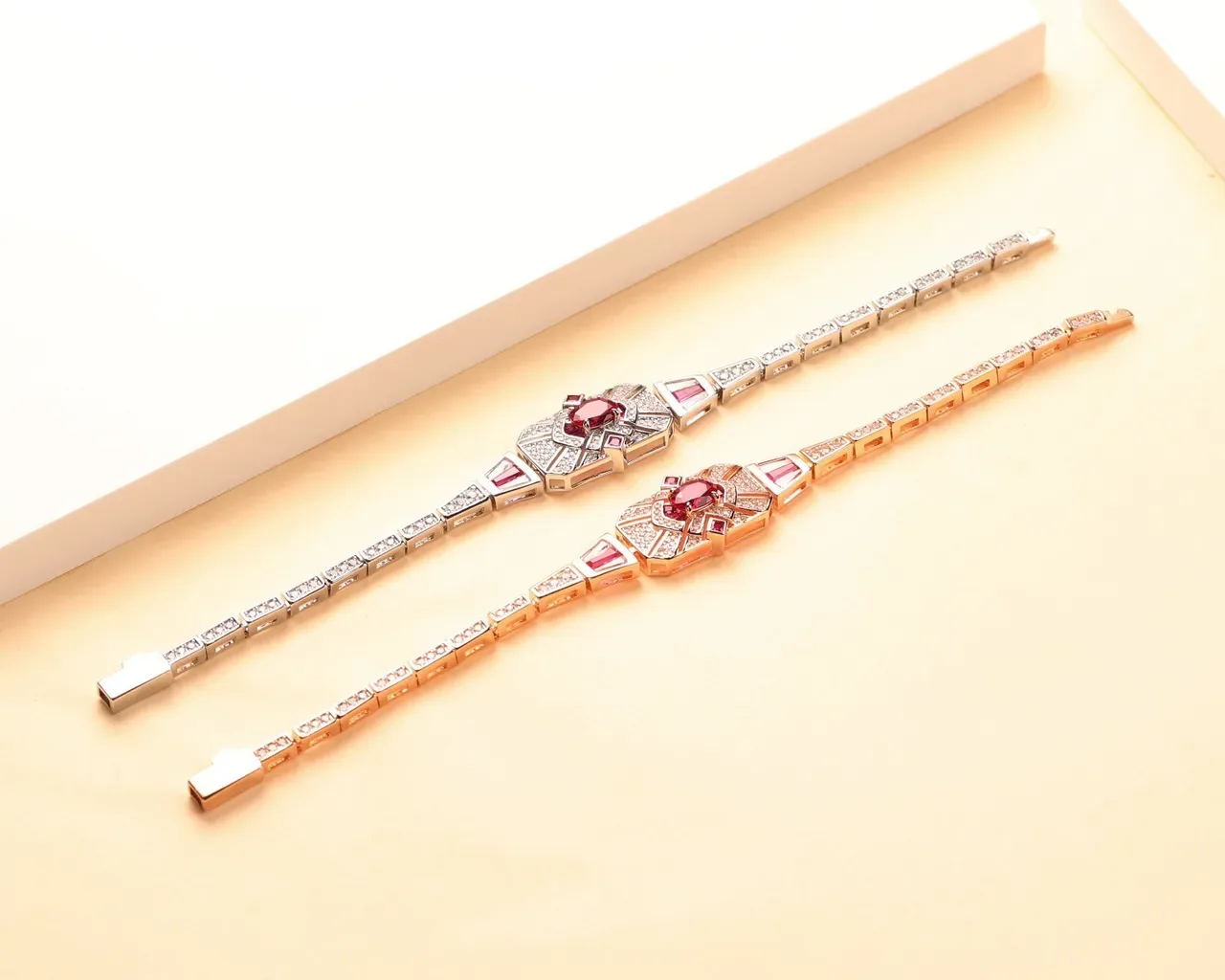 Art Deco Geometric Pavé Red Gemstone Two-Tone Bangle Bracelets 4