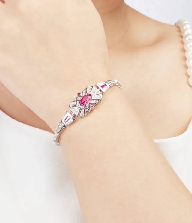 Art Deco Geometric Pavé Red Gemstone Two-Tone Bangle Bracelets 5