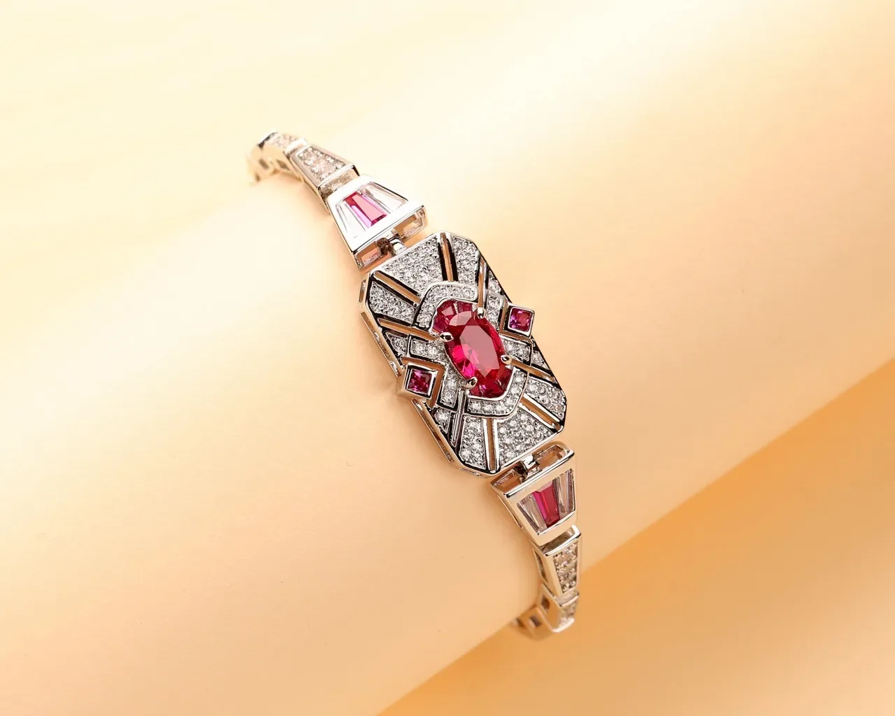 Art Deco Geometric Pavé Red Gemstone Two-Tone Bangle Bracelets 6
