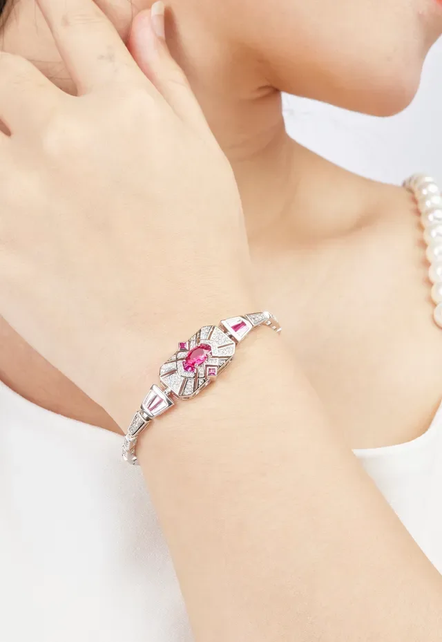 Art Deco Geometric Pavé Red Gemstone Two-Tone Bangle Bracelets 7