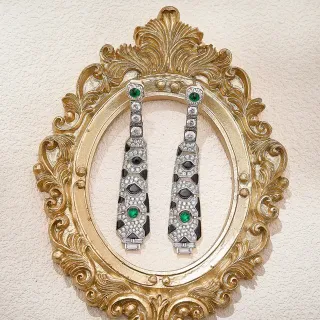 Art Deco-Style Geometric Diamond Emerald Onyx Drop Earrings