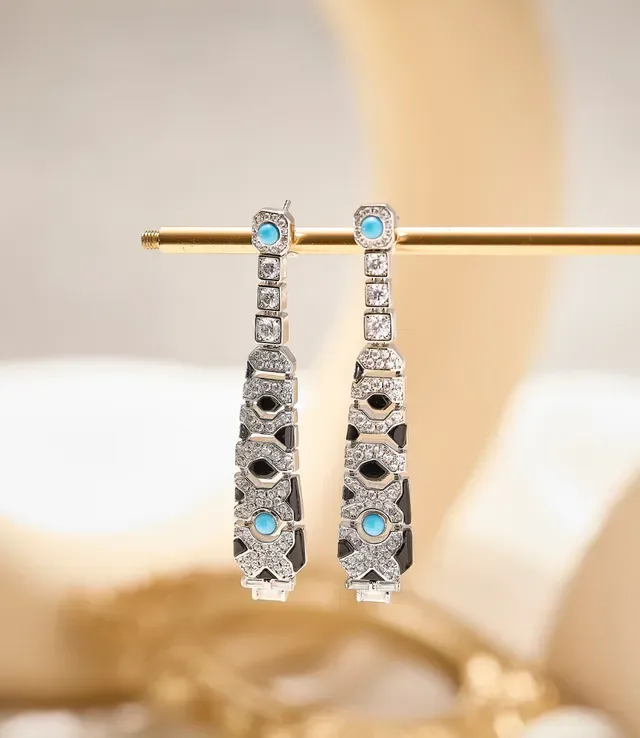 Art Deco-Style Geometric Diamond Emerald Onyx Drop Earrings 7