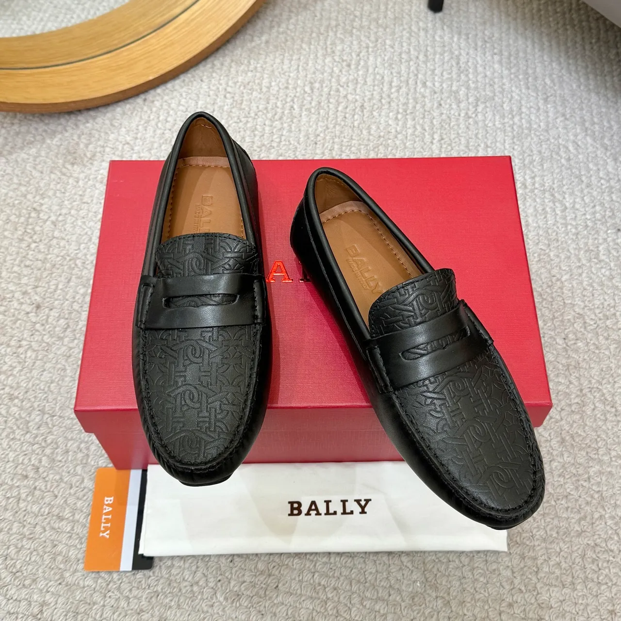 BALLY Black Brown Embossed Geometric Pattern Penny Strap Loafer 2