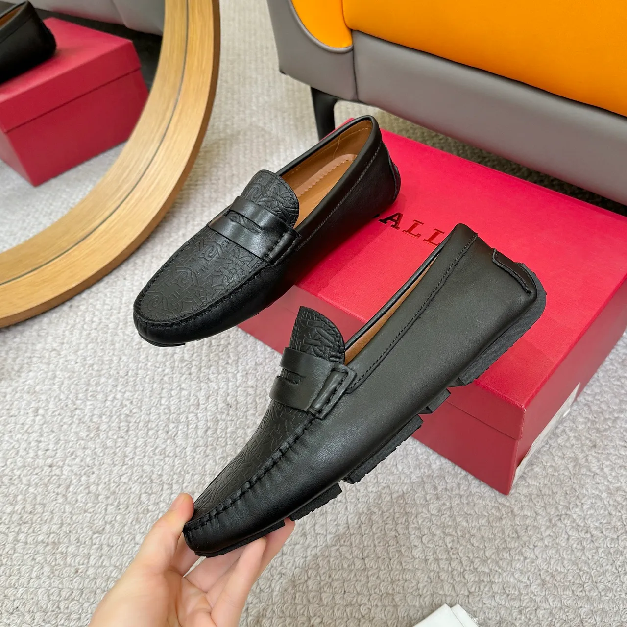 BALLY Black Brown Embossed Geometric Pattern Penny Strap Loafer 5