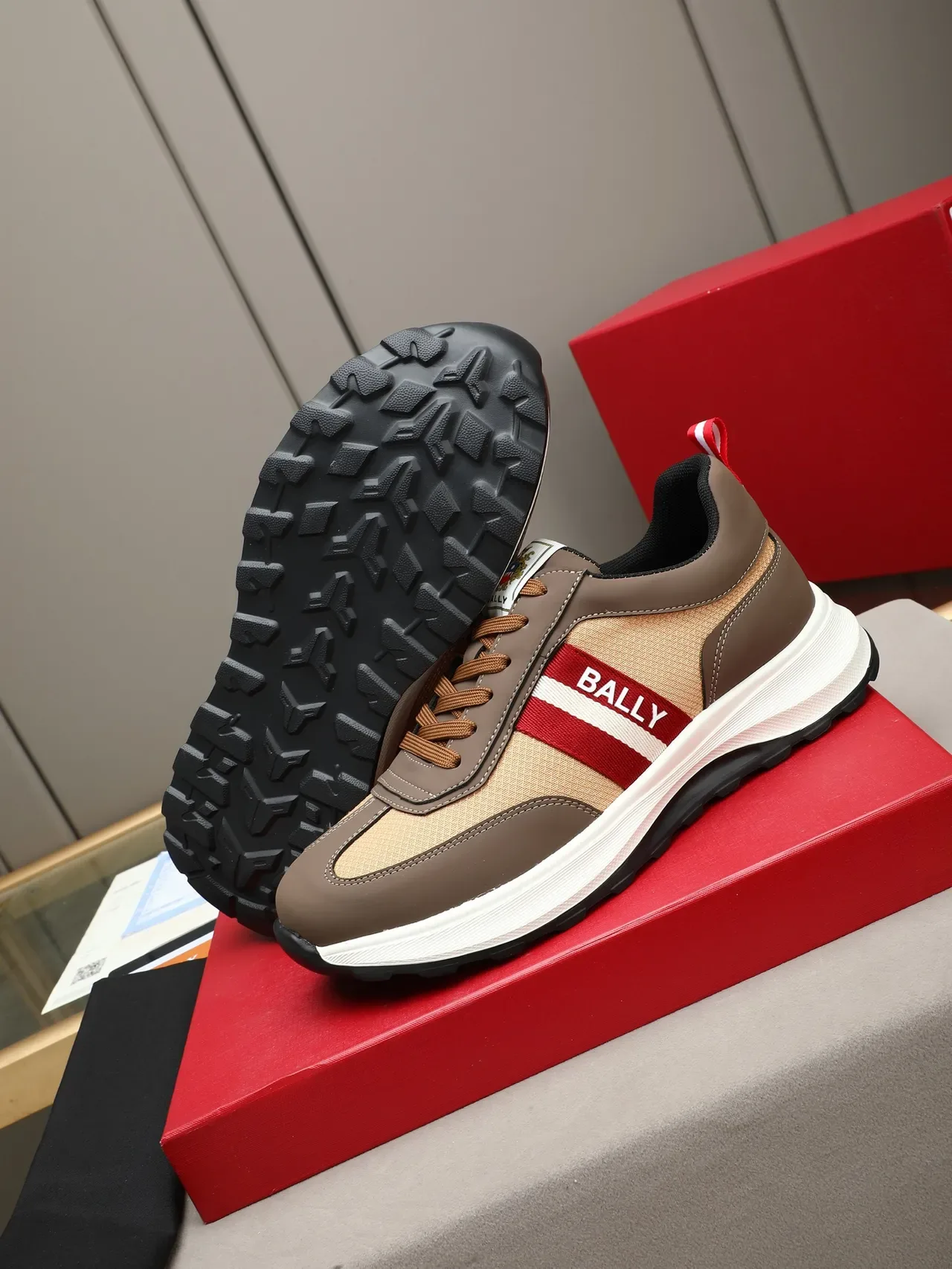 Bally Brown Beige Mixed-Material Upper Striped Side Panel Lifestyle Sneakers 4