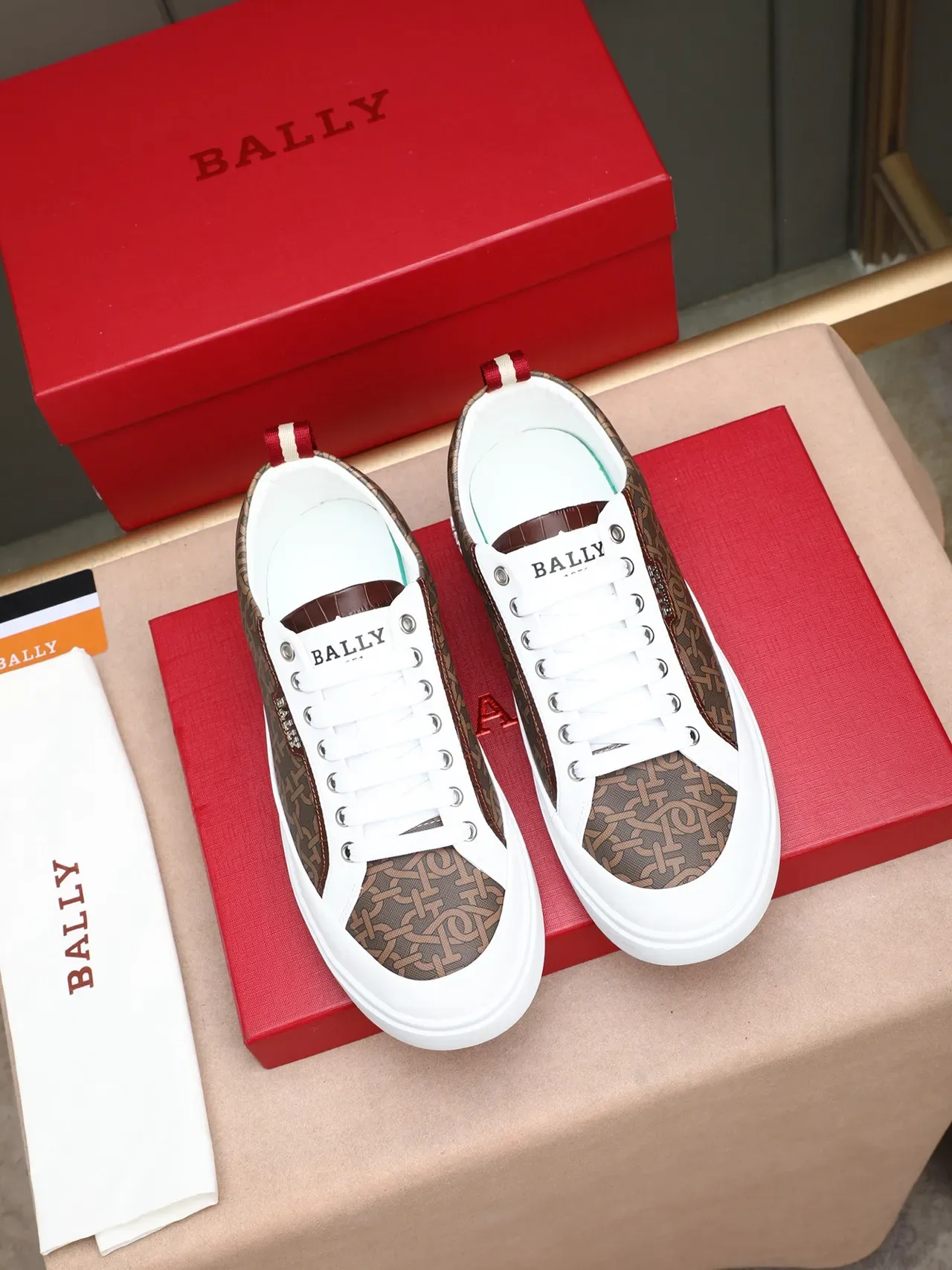 BALLY Brown Red Monogram-Print Upper White Platform Sole Sneakers 2