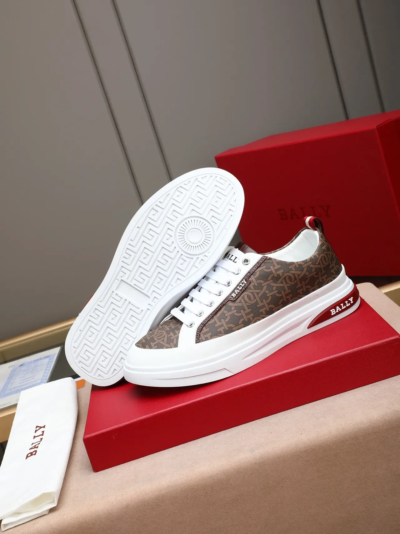 BALLY Brown Red Monogram-Print Upper White Platform Sole Sneakers 4