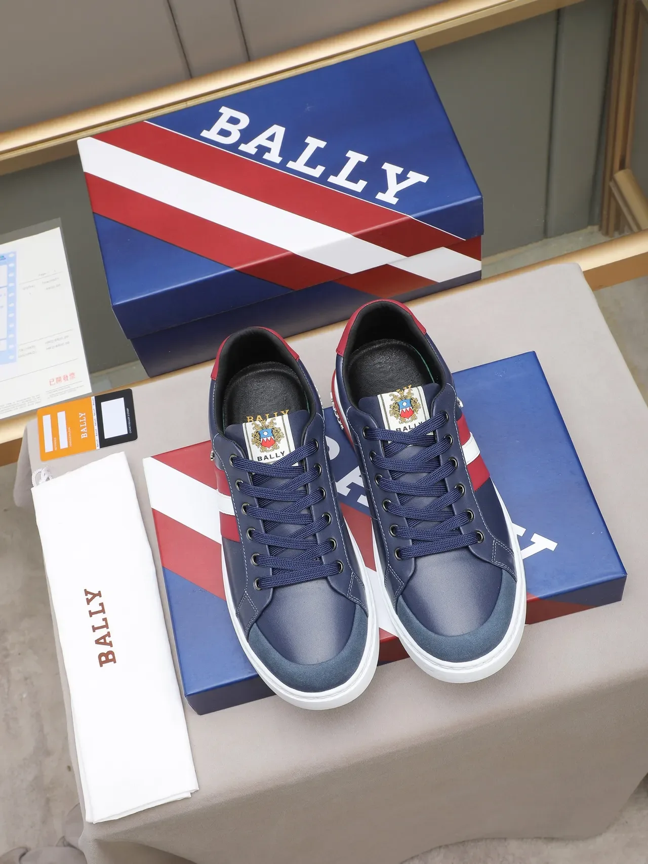 BALLY Navy Red Leather-Suede Hybrid Upper Side Stripe Detail Sneakers 2