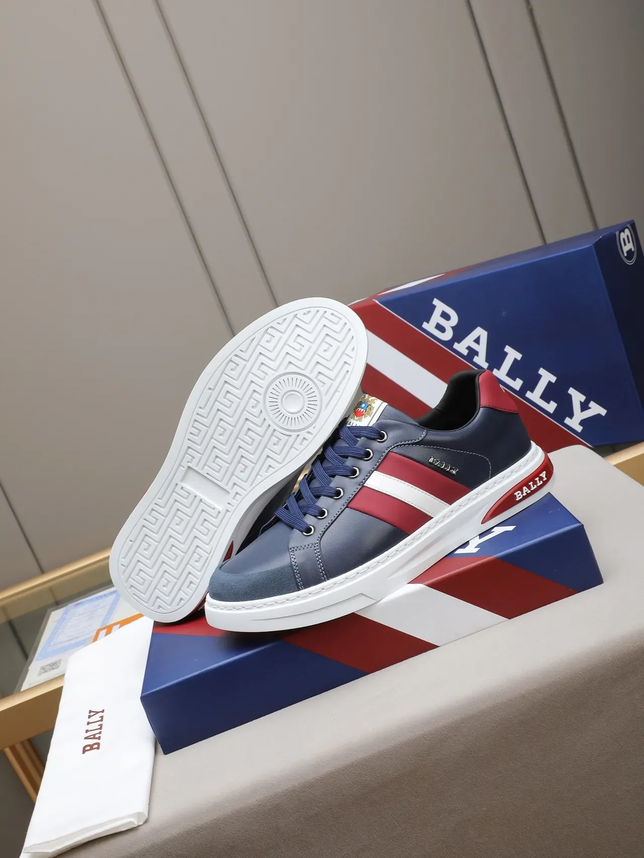 BALLY Navy Red Leather-Suede Hybrid Upper Side Stripe Detail Sneakers 4