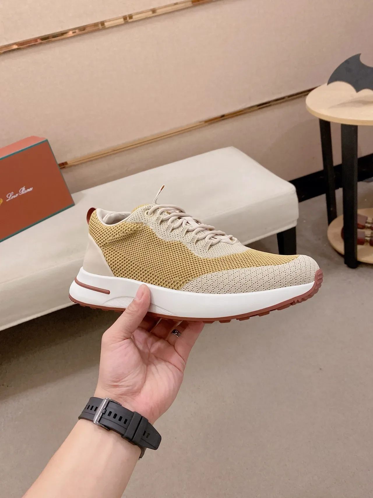 Beige and Mustard Knit-Panelled Low-Top Sneakers 5