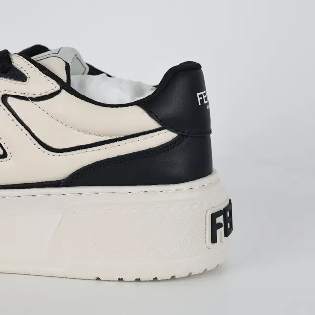 Beige Black Two-Tone Leather Stitched Motif Overlay Sneakers 4