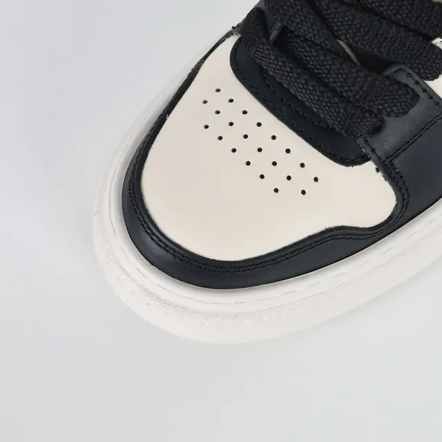 Beige Black Two-Tone Leather Stitched Motif Overlay Sneakers 5
