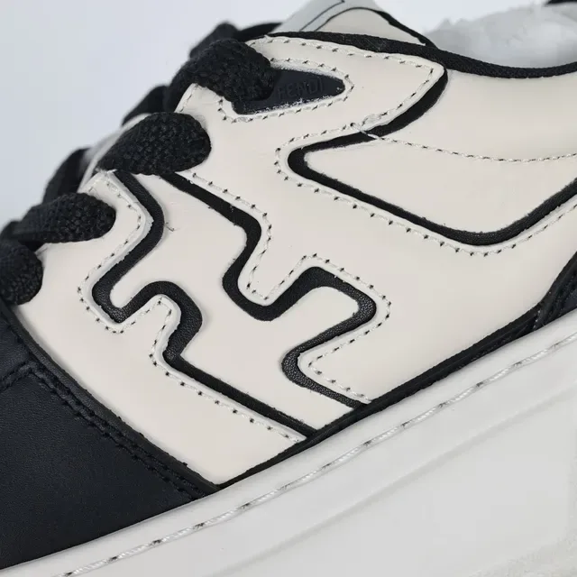 Beige Black Two-Tone Leather Stitched Motif Overlay Sneakers 6