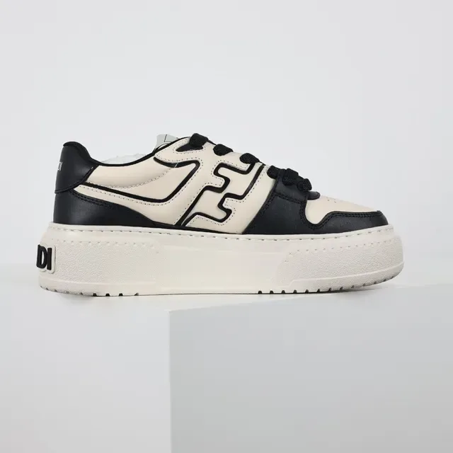 Beige Black Two-Tone Leather Stitched Motif Overlay Sneakers 7