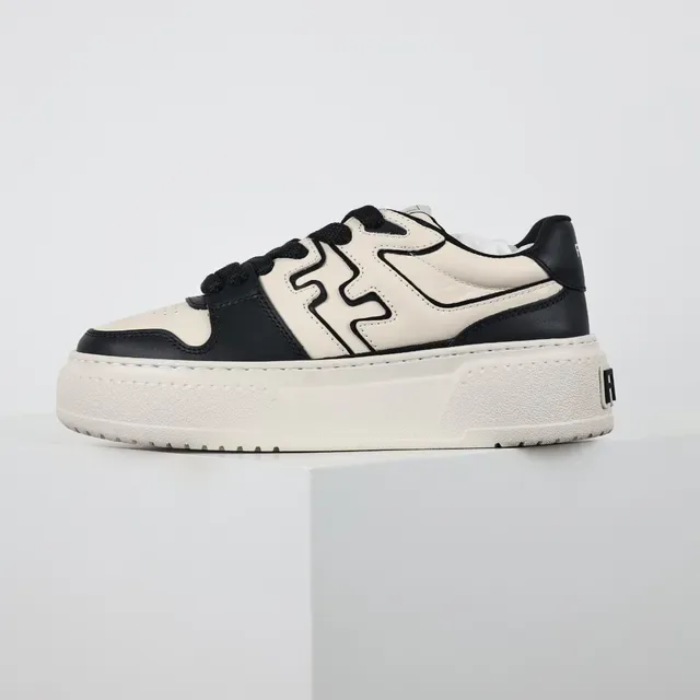 Beige Black Two-Tone Leather Stitched Motif Overlay Sneakers 9
