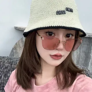 Beige Black Woven Crochet Texture Pearl-Embellished Logo Bucket Hat