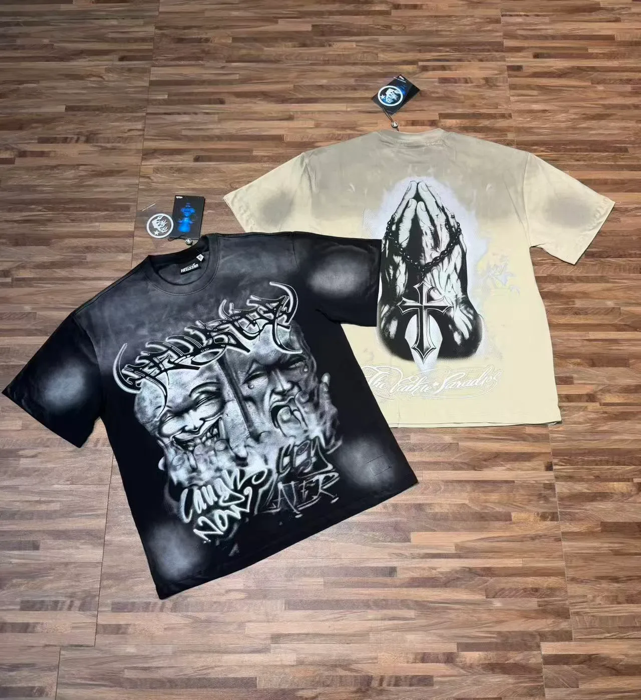 Beige Distressed Graphic Print Dual-Sided Art T-Shirt 4
