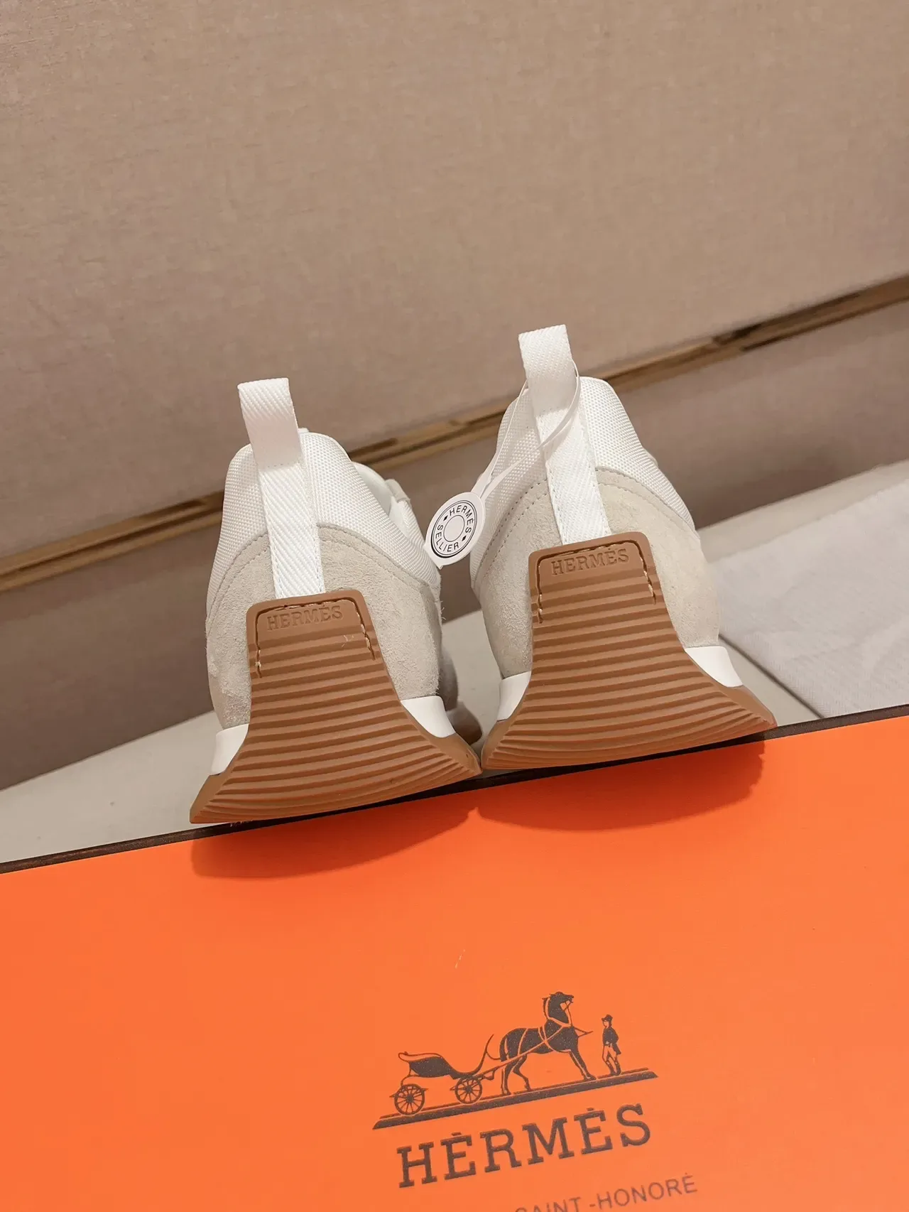 Beige Orange Low-Top Suede-and-Mesh Upper Sneakers 3