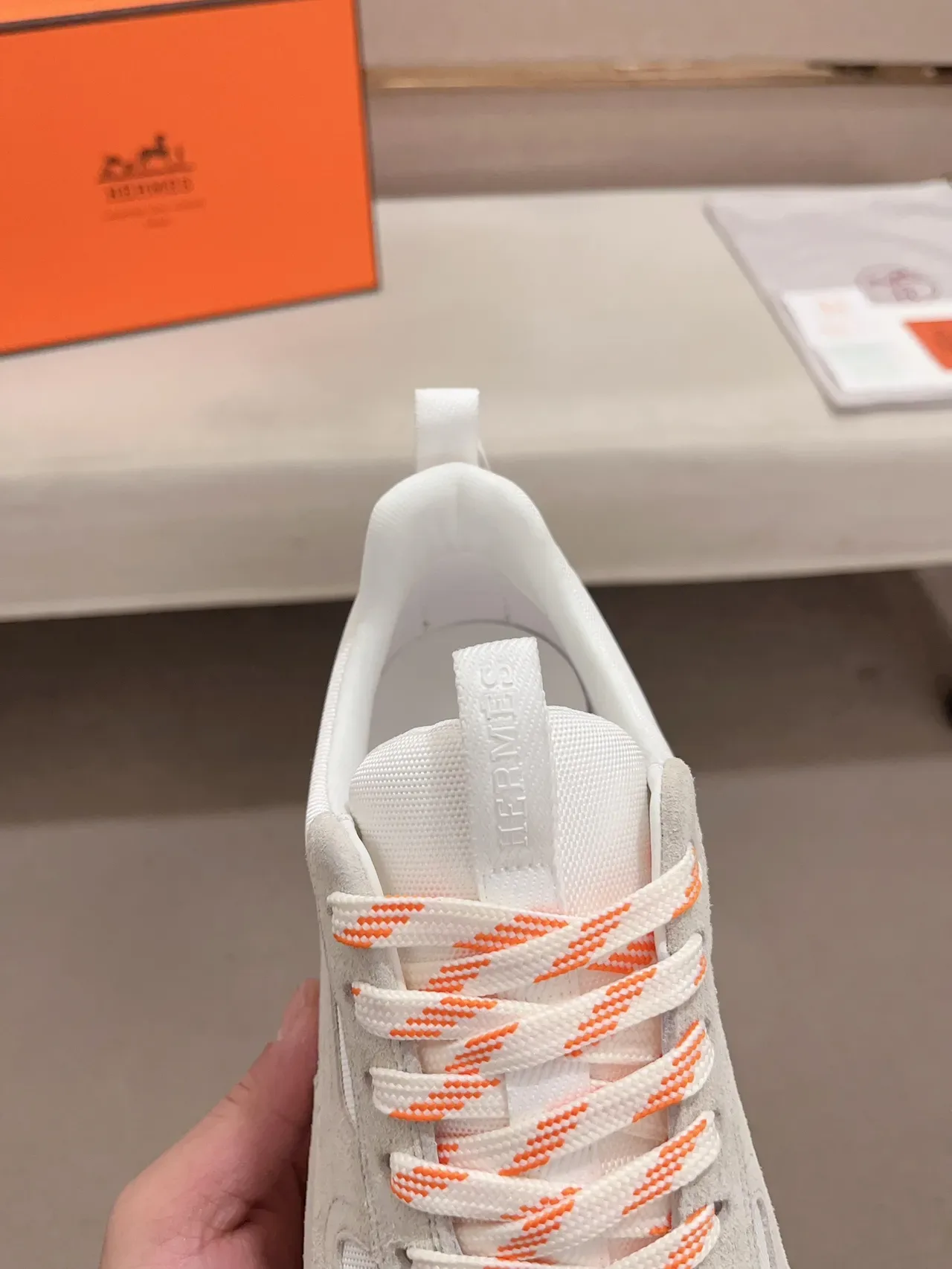Beige Orange Low-Top Suede-and-Mesh Upper Sneakers 4