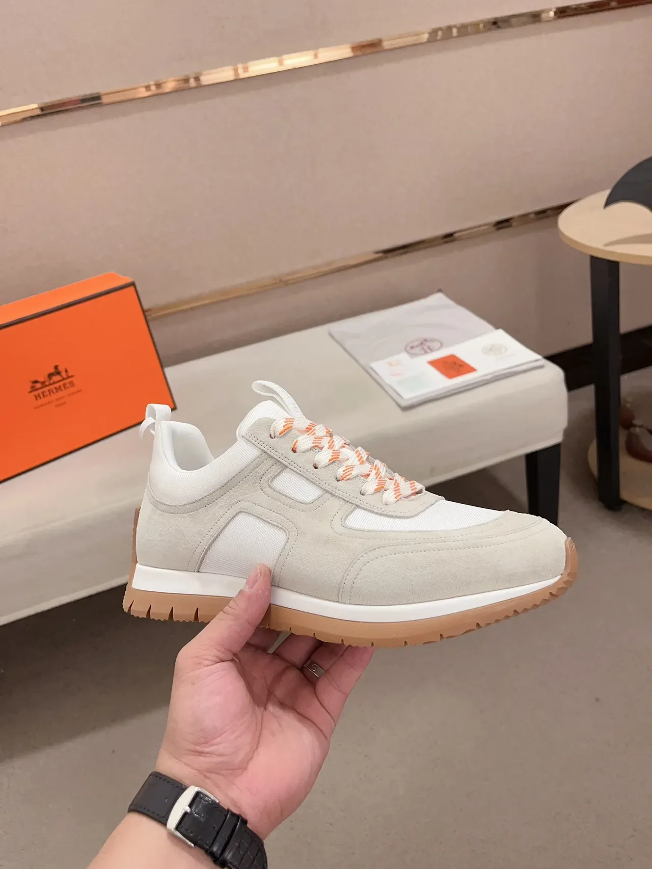 Beige Orange Low-Top Suede-and-Mesh Upper Sneakers 5