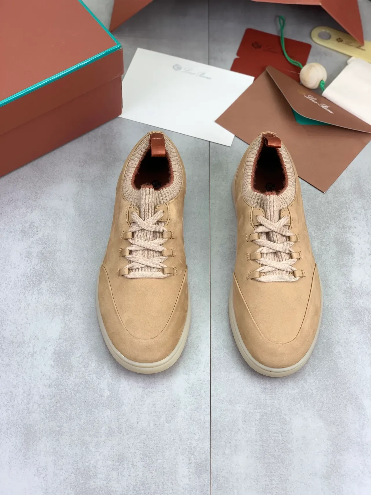 Beige Suede Knit-Collar Low-Top Sneakers 4