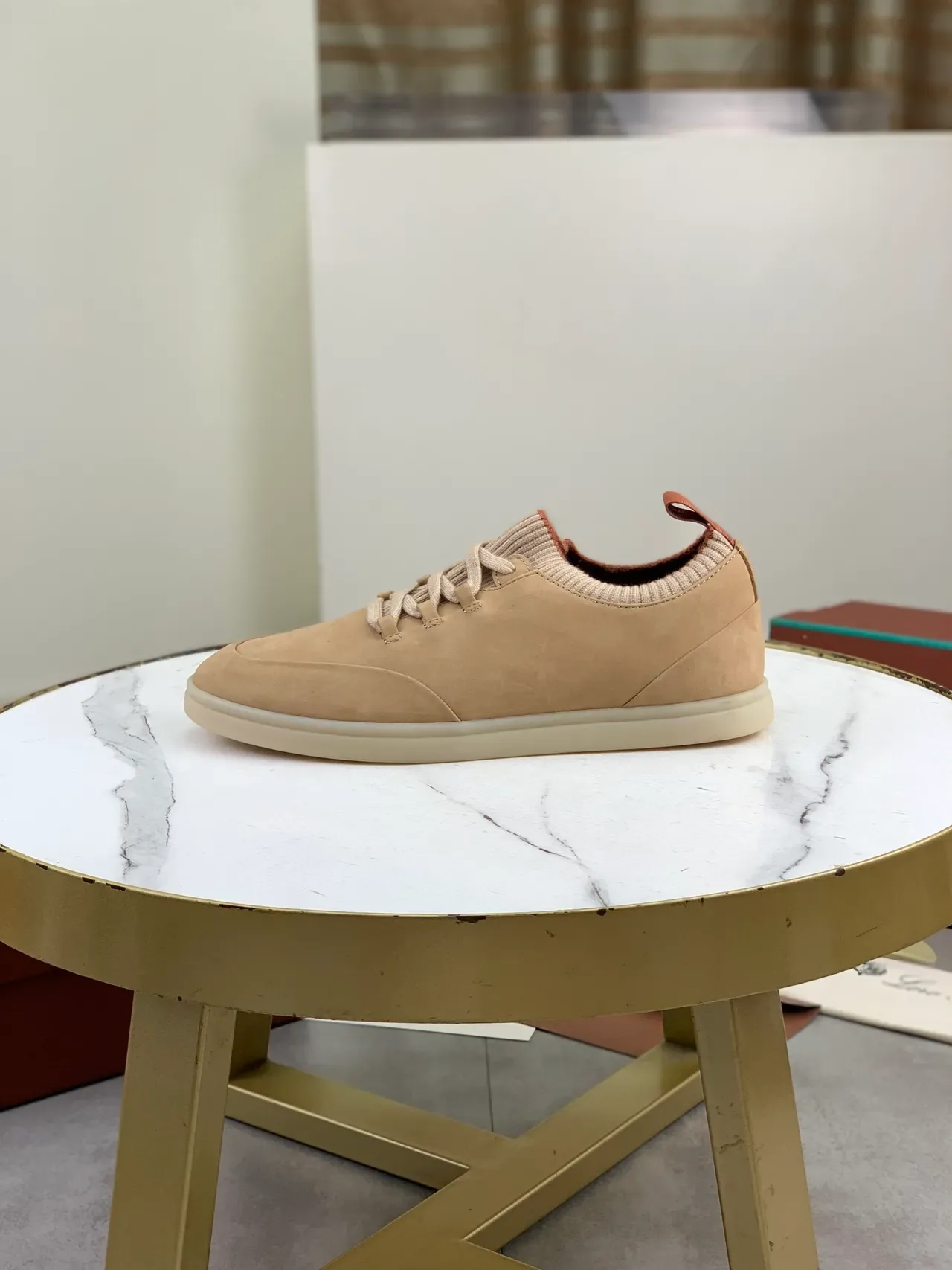Beige Suede Knit-Collar Low-Top Sneakers 5