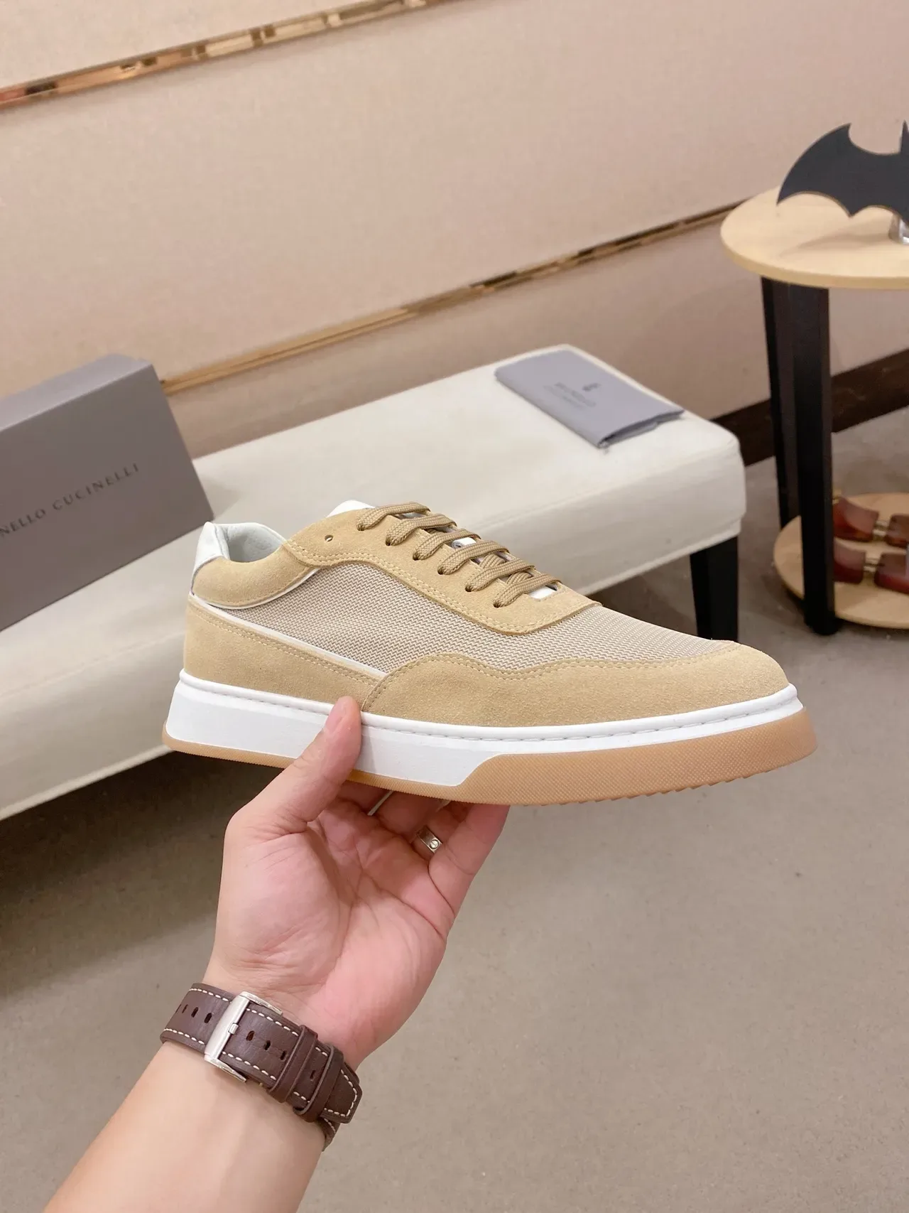 Beige Suede-Mesh Panelled Low-Top Lifestyle Sneaker 4