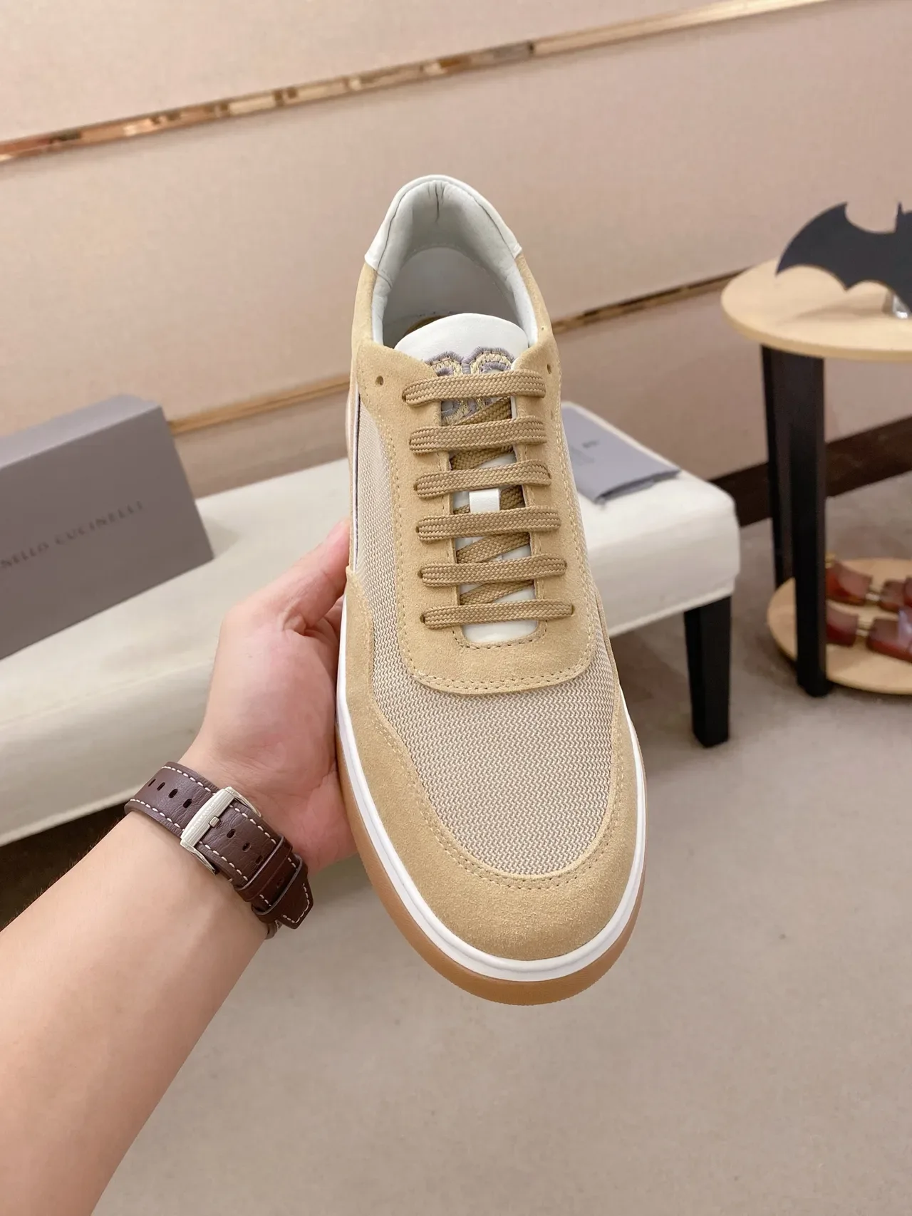 Beige Suede-Mesh Panelled Low-Top Lifestyle Sneaker 5