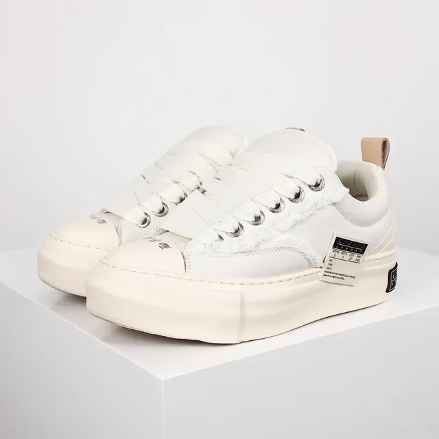 Beige White Canvas Upper Frayed Edge Detailing Sneakers 2
