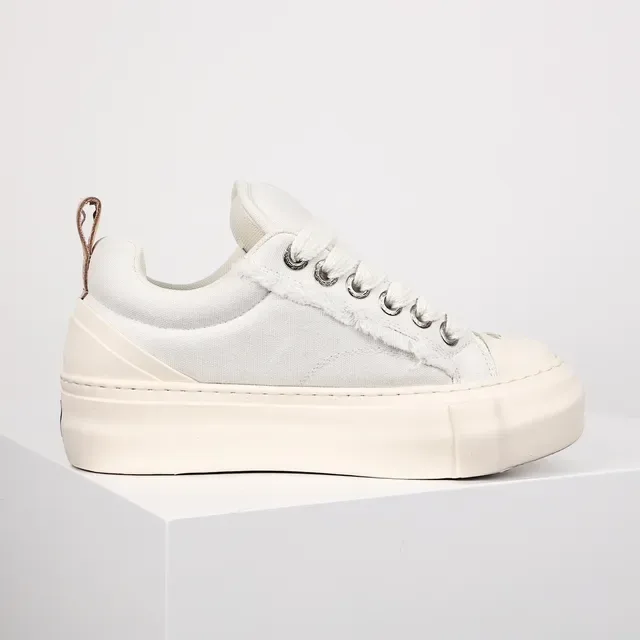 Beige White Canvas Upper Frayed Edge Detailing Sneakers 7