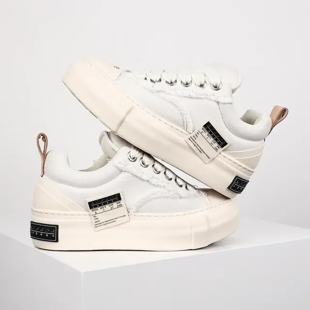 Beige White Canvas Upper Frayed Edge Detailing Sneakers 9