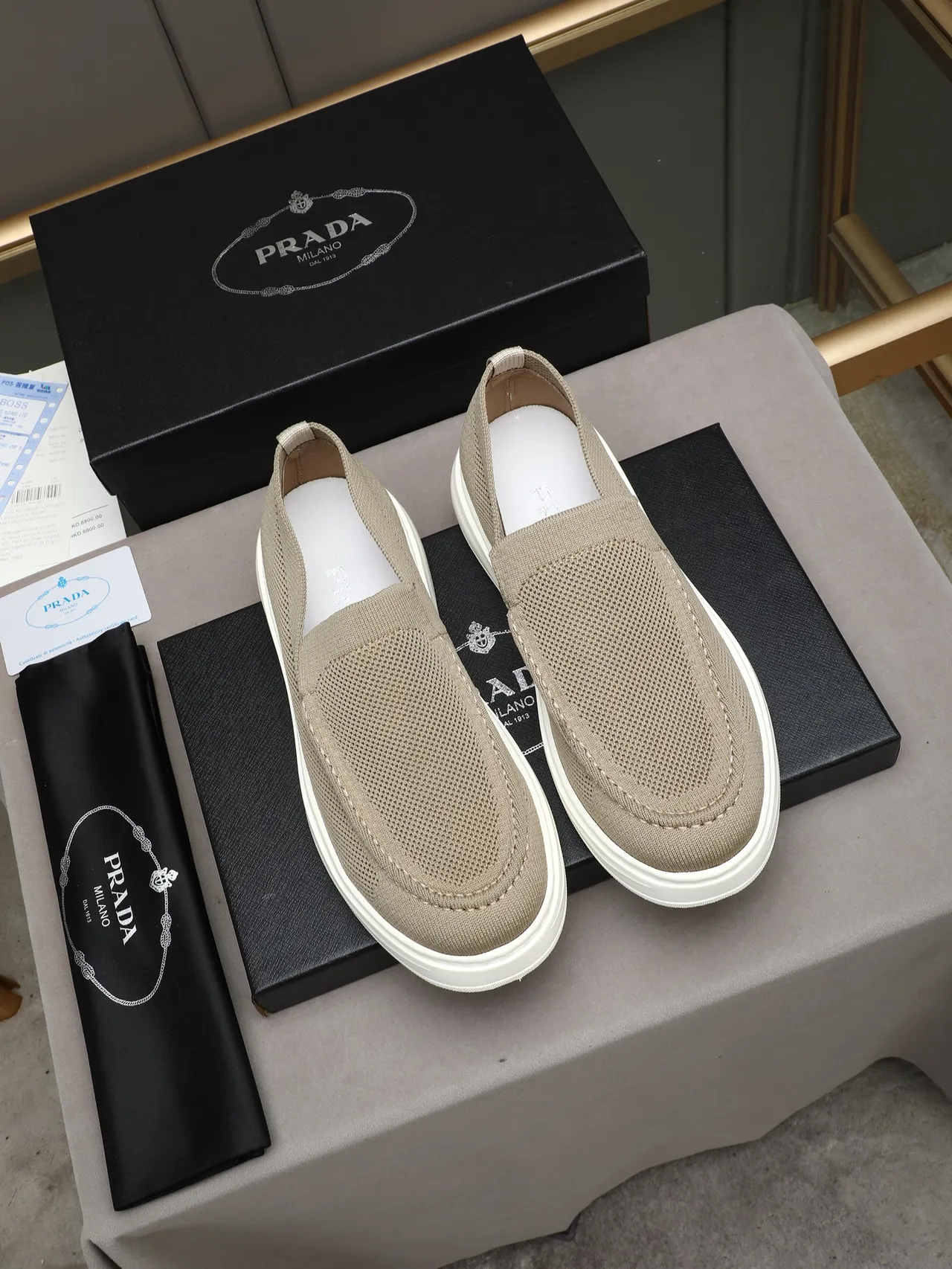 Beige White Knit Upper Slip-On Loafer 2