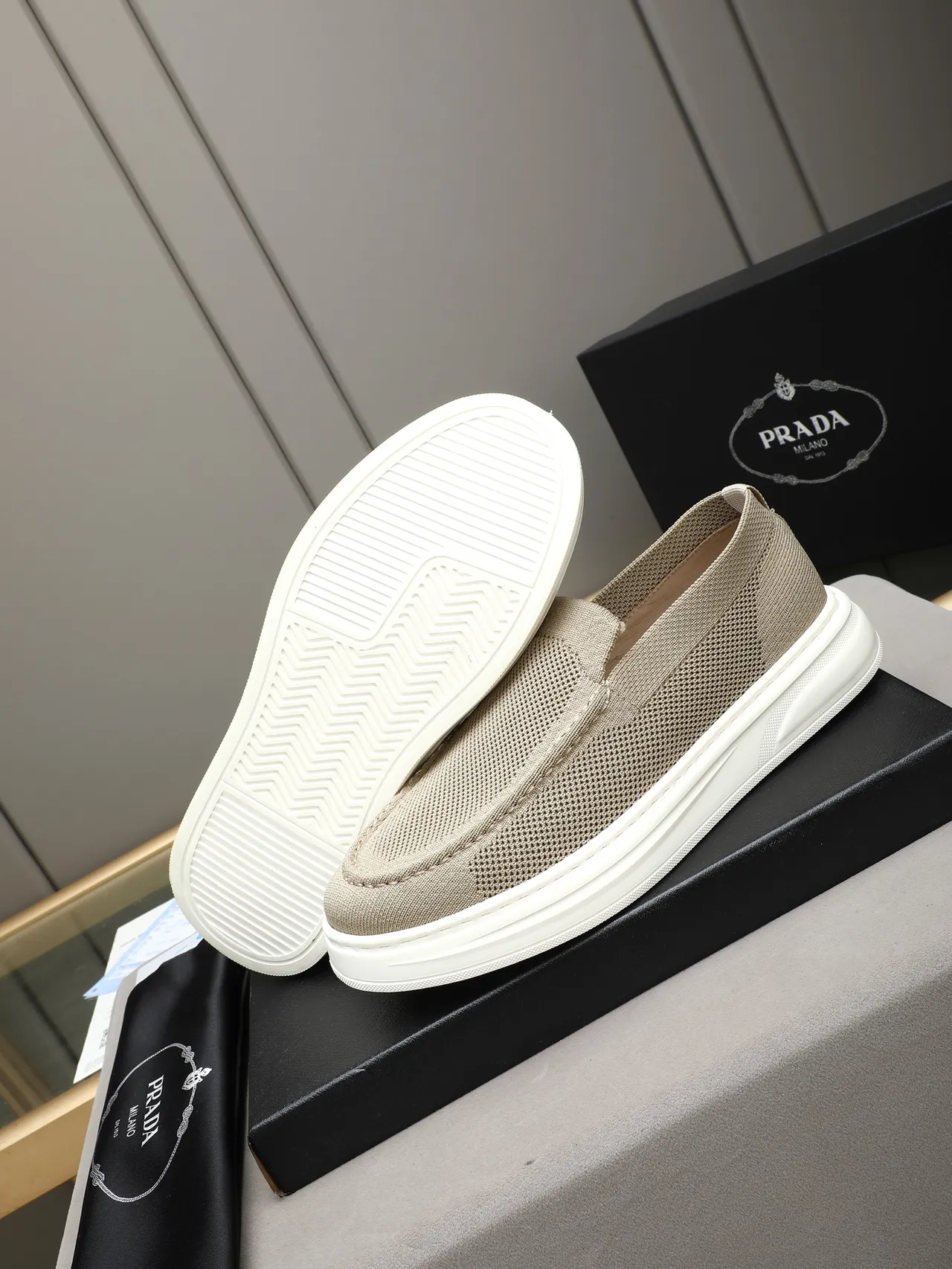 Beige White Knit Upper Slip-On Loafer 4