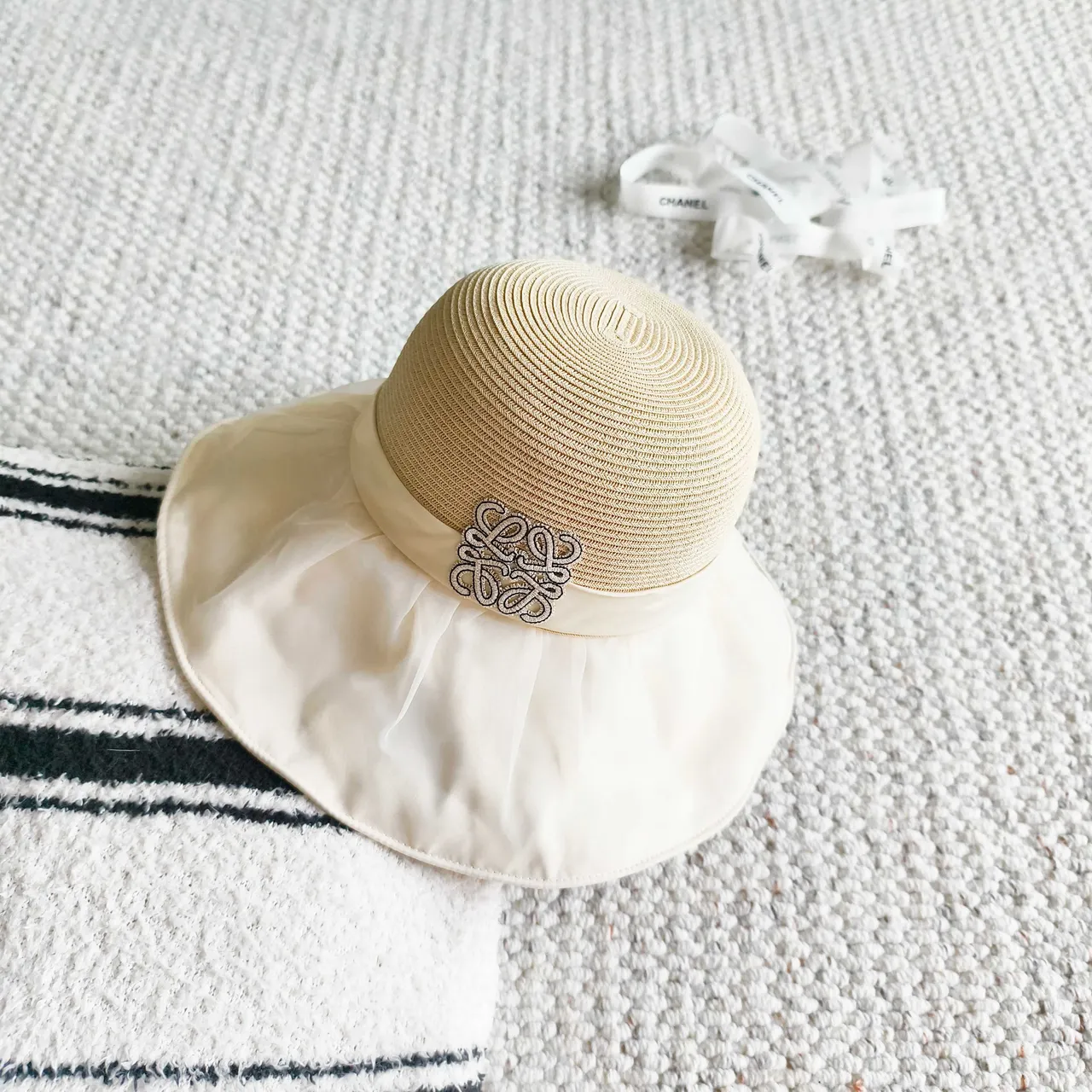 Beige Woven Straw Crown Ruffled Fabric Brim Trim Fedora 6