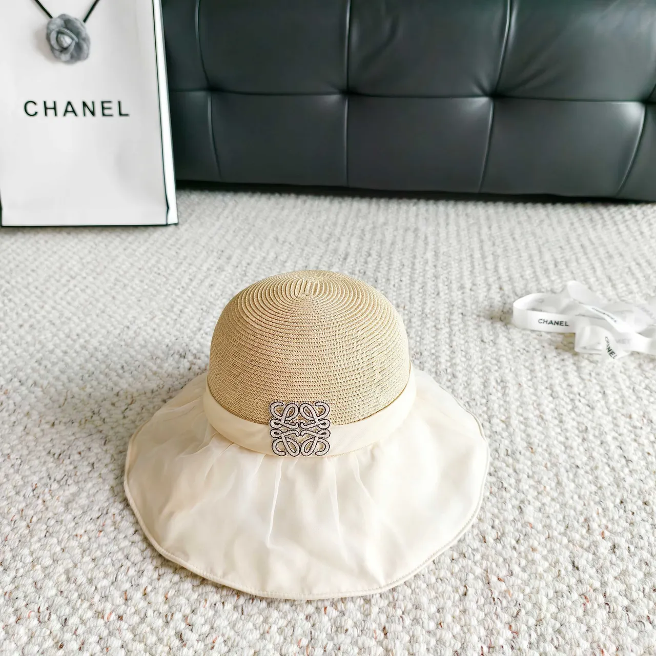 Beige Woven Straw Crown Ruffled Fabric Brim Trim Fedora 7
