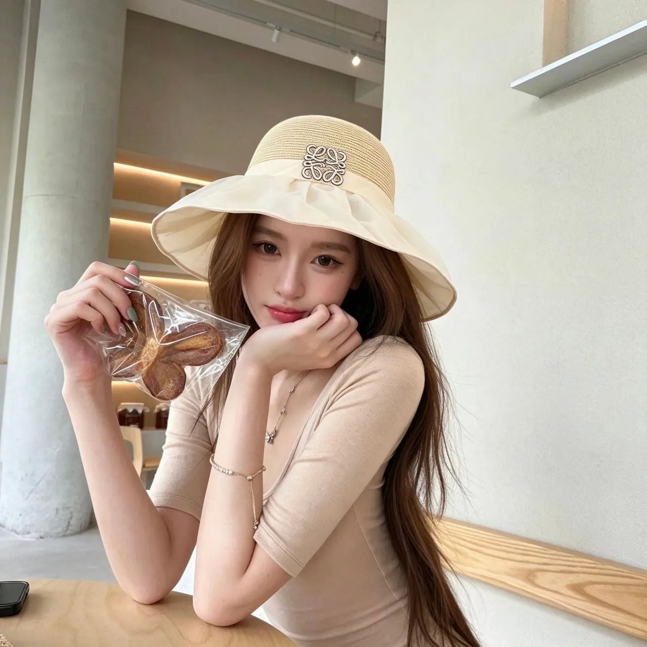 Beige Woven Straw Crown Ruffled Fabric Brim Trim Fedora 9