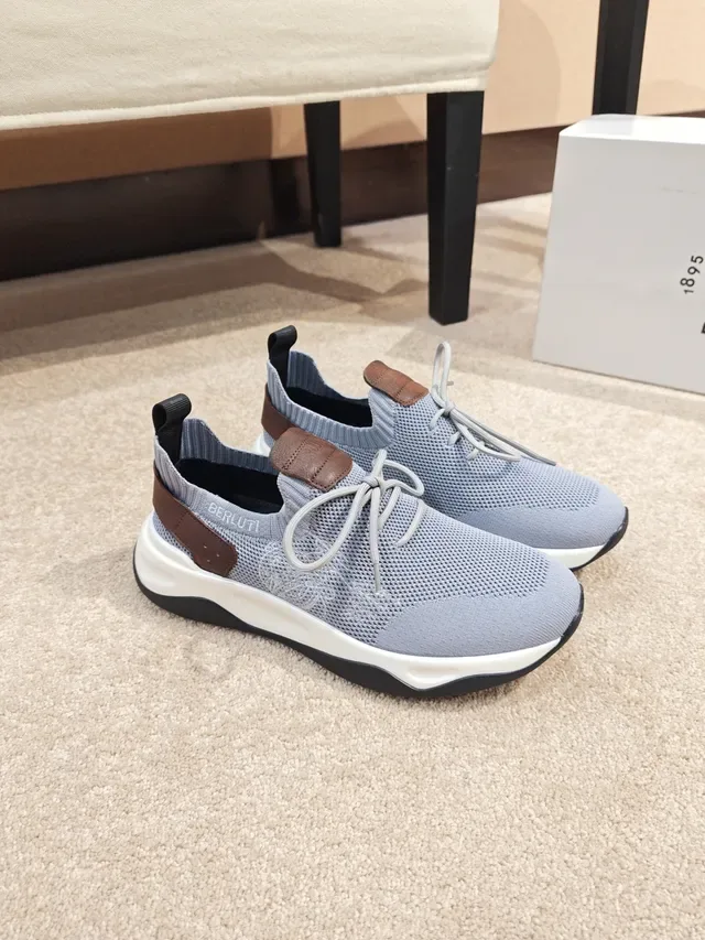 BERLUTI Gray Brown Knit Upper Ribbed Collar Sneakers 4